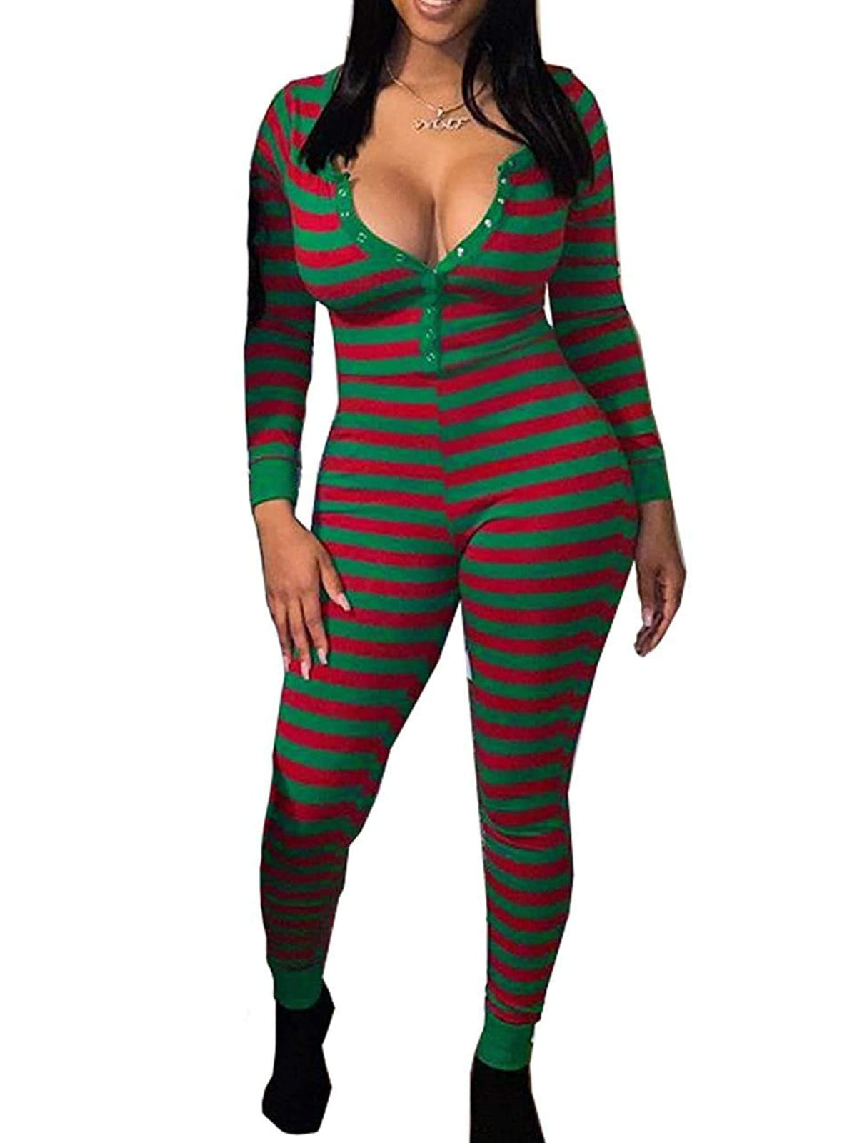 Women Christmas Button V-Neck Jumpsuit Long Sleeve Bodycon Pajama Sleepwear