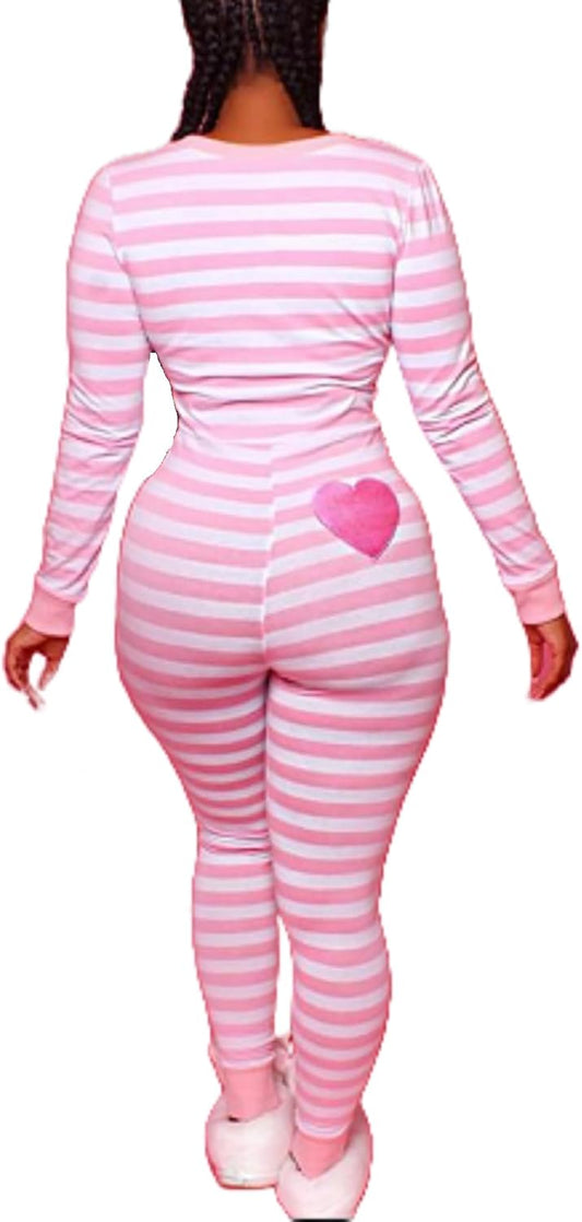 Women Christmas Button V-Neck Jumpsuit Long Sleeve Bodycon Pajama Sleepwear
