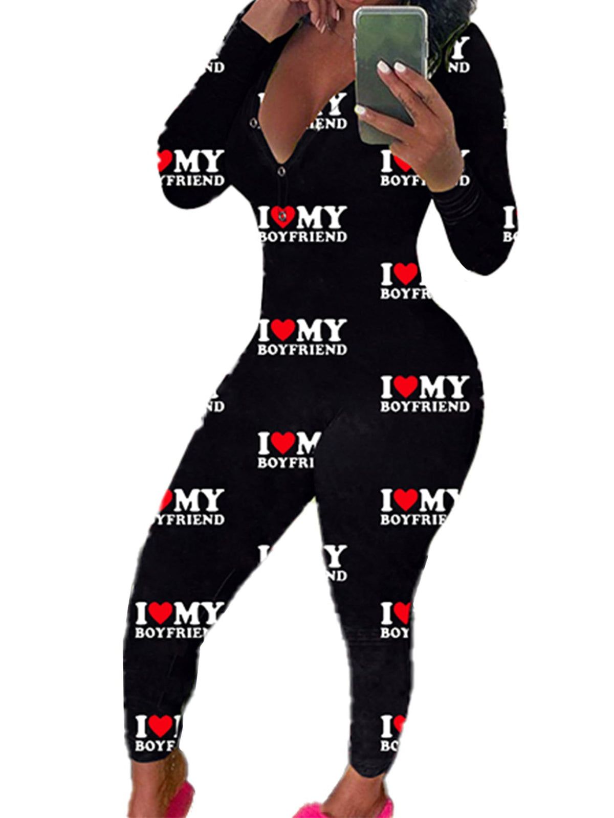 Womens Long Sleeve Button Down One Piece V Neck Bodycon Jumpsuit Pajamas