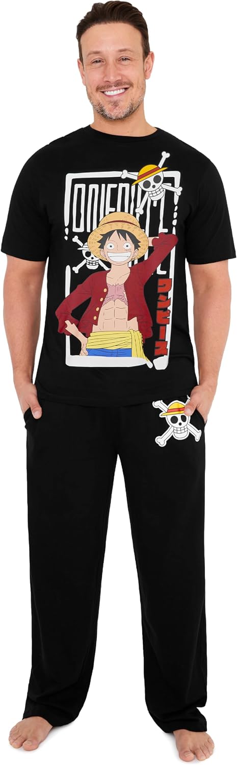 One Piece Pajama Set for Men, Teens, Cotton Lounge Set with Graphic Tee and Pajama Pants, Anime PJs Sleepwear, Gifts for Men