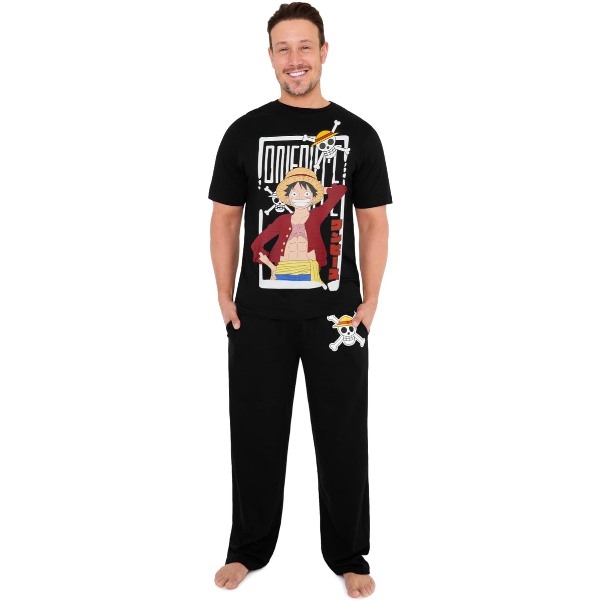 One Piece Pajama Set for Men, Teens, Cotton Lounge Set with Graphic Tee and Pajama Pants, Anime PJs Sleepwear, Gifts for Men