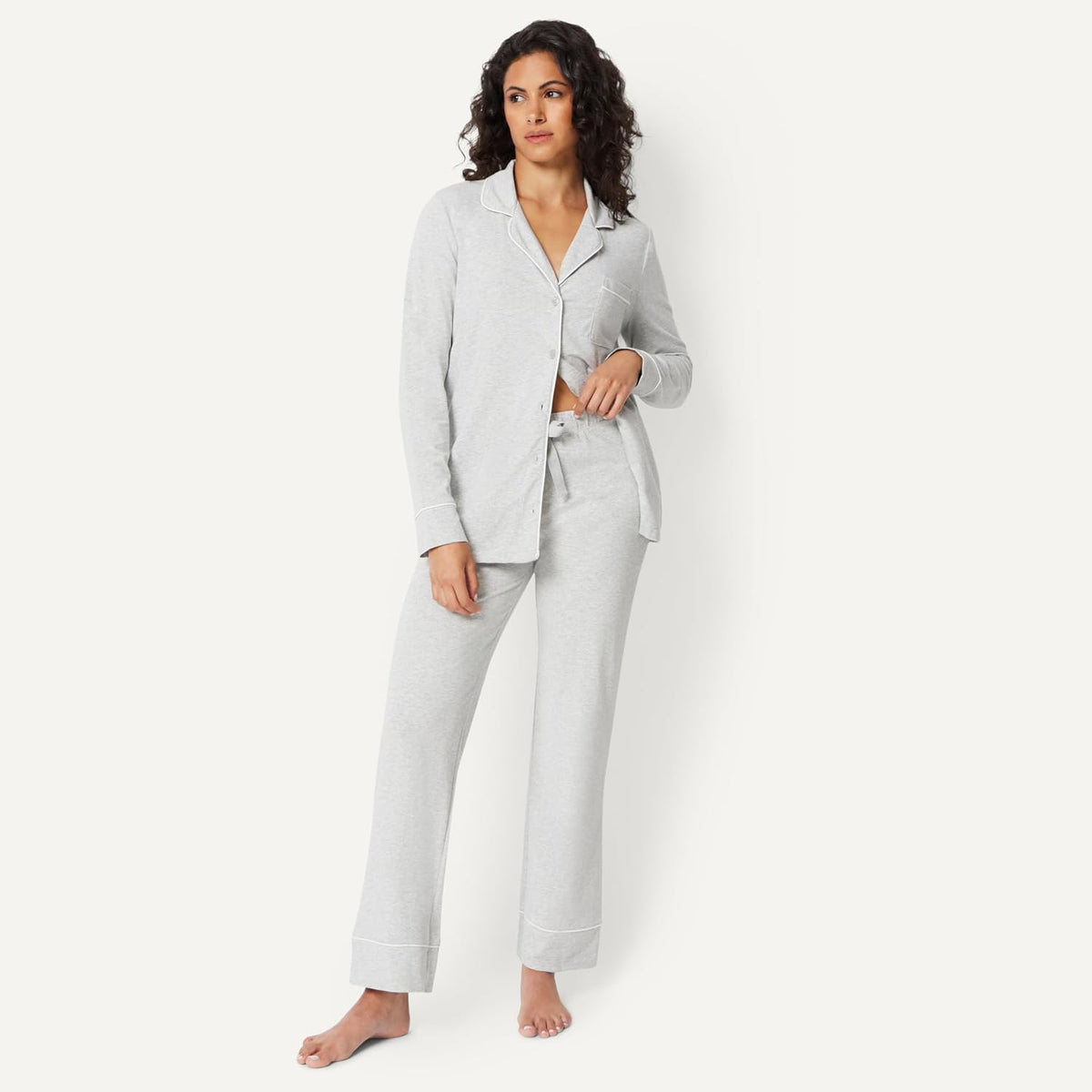 Amazon Essentials Women's Cotton Modal Long-Sleeve Notch Collar Shirt and Full-Length Elastic Waist Pajama Pant Set
