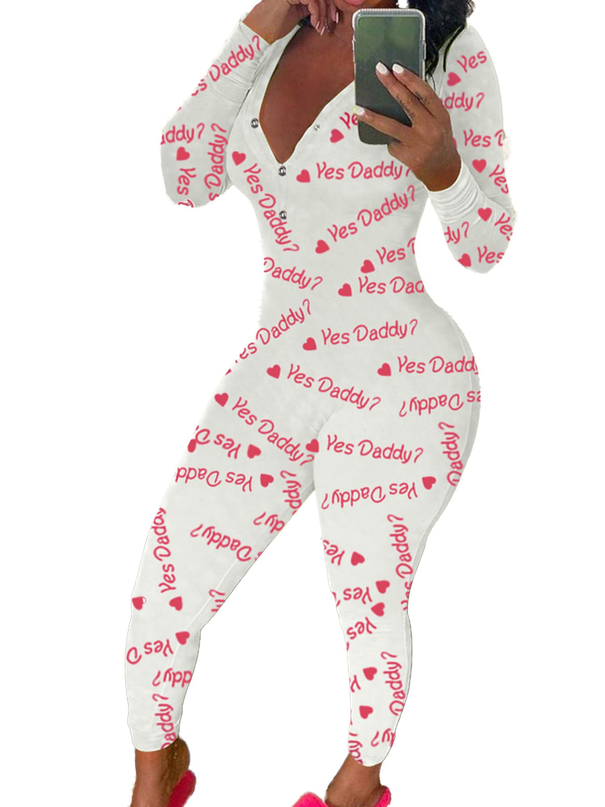 Womens Long Sleeve Button Down One Piece V Neck Bodycon Jumpsuit Pajamas
