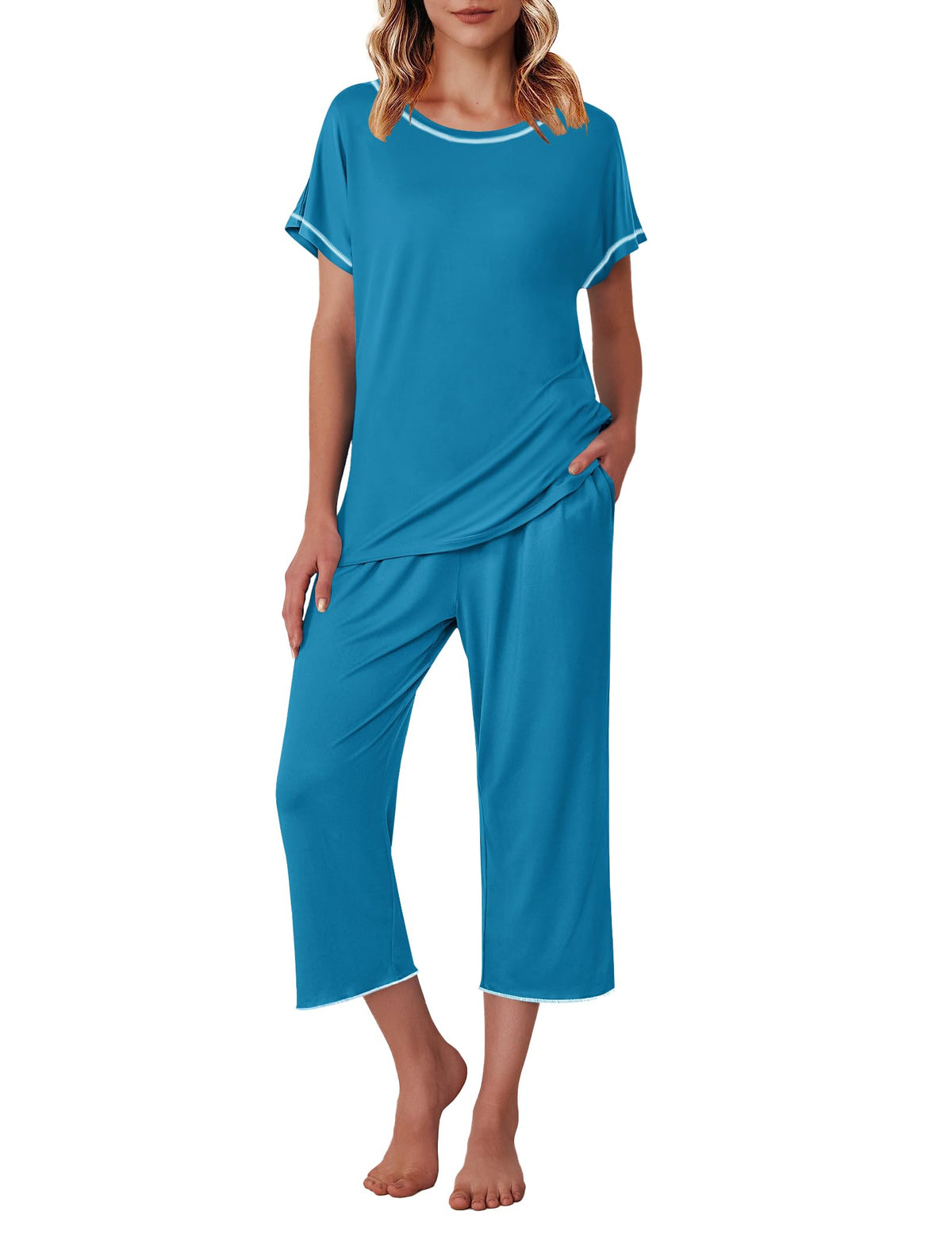 Ekouaer Womens Capri Pajama Sets Print Short Sleeve Sleepwear Top and Pants