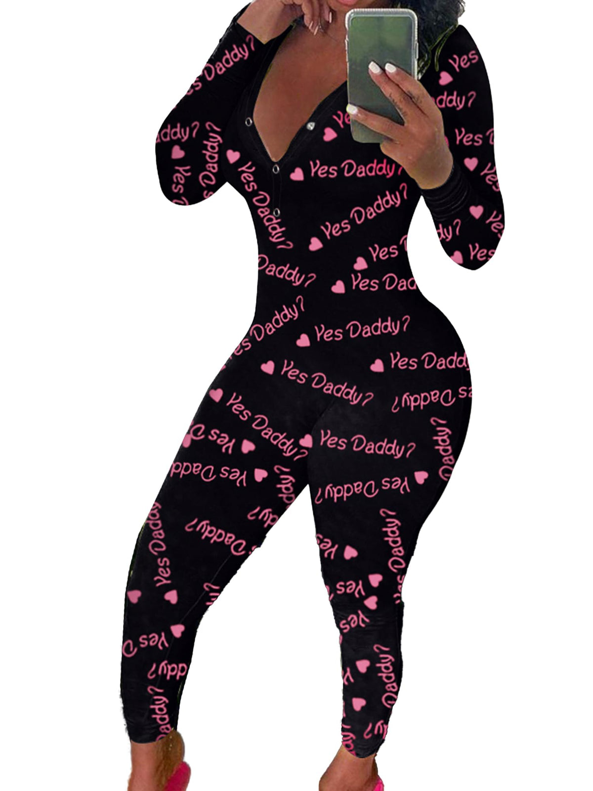 Womens Long Sleeve Button Down One Piece V Neck Bodycon Jumpsuit Pajamas