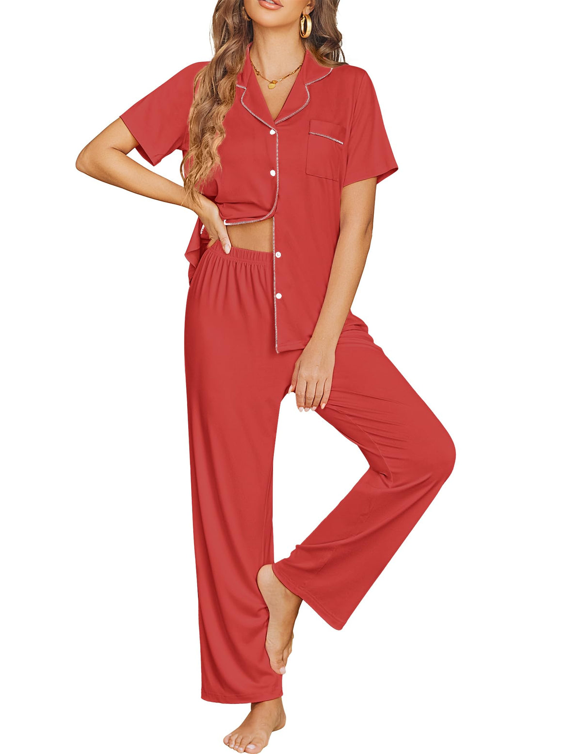 Ekouaer Womens Pajama Sets Button Down Lounge Sets 2 Piece Short Sleeve Pjs