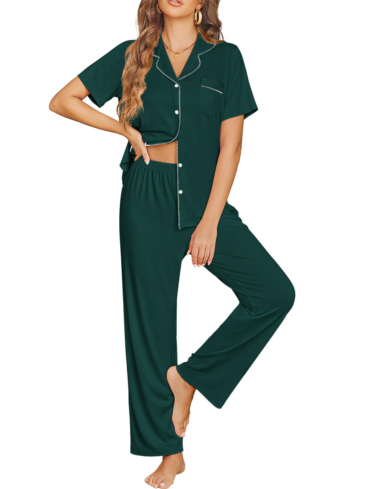 Ekouaer Womens Pajama Sets Button Down Lounge Sets 2 Piece Short Sleeve Pjs