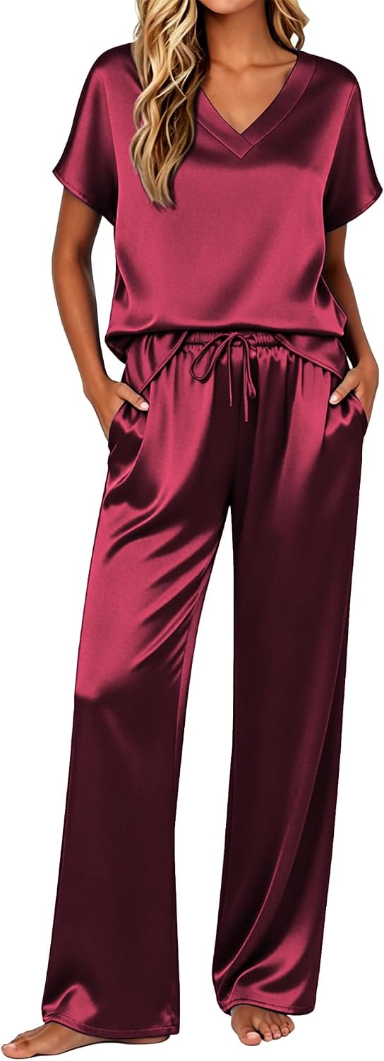 Ekouaer Womens Silk Pajamas Set 2 Piece Satin Pjs Cap Sleeve Loungewear
