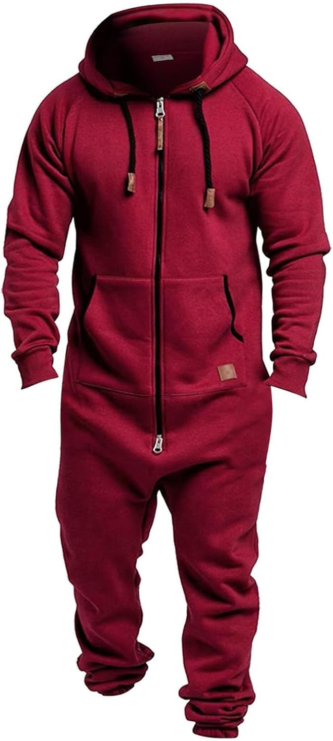 Mens Fleece Lined Hooded Jumpsuit Zip Up One Piece Pajamas Playsuit Jogger Sweatsuit Overall Romper Winter Tracksuit