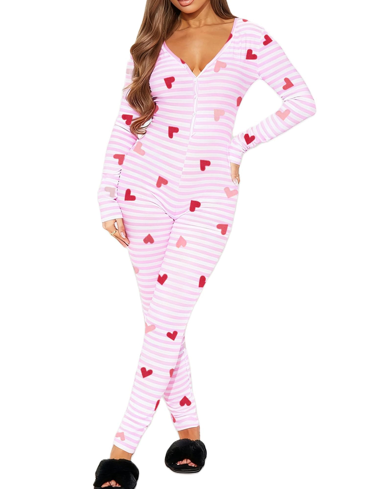Women Christmas Button V-Neck Jumpsuit Long Sleeve Bodycon Pajama Sleepwear
