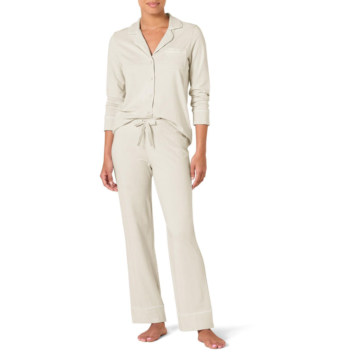 Amazon Essentials Women's Cotton Modal Long-Sleeve Notch Collar Shirt and Full-Length Elastic Waist Pajama Pant Set