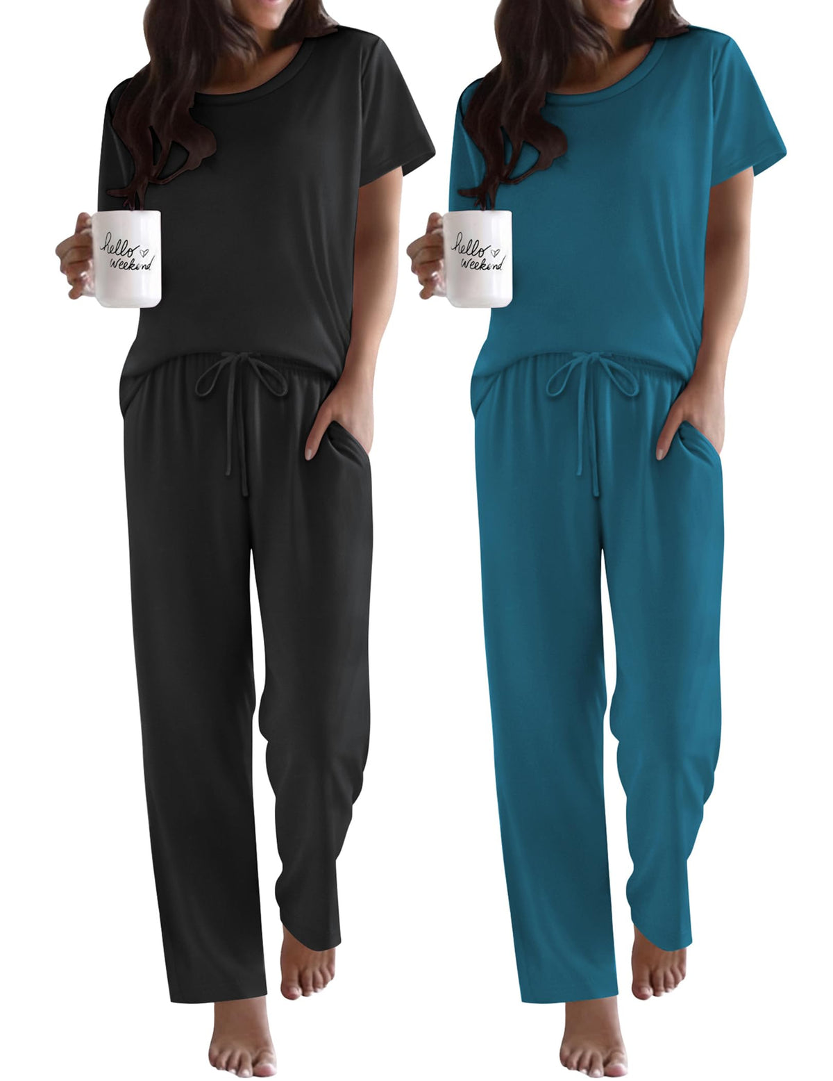 Ekouaer 2 Pack Womens Pajama Set Short Sleeve Top and Printed Pants Soft Pj