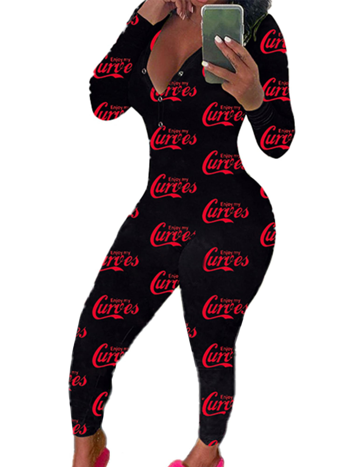 Womens Long Sleeve Button Down One Piece V Neck Bodycon Jumpsuit Pajamas