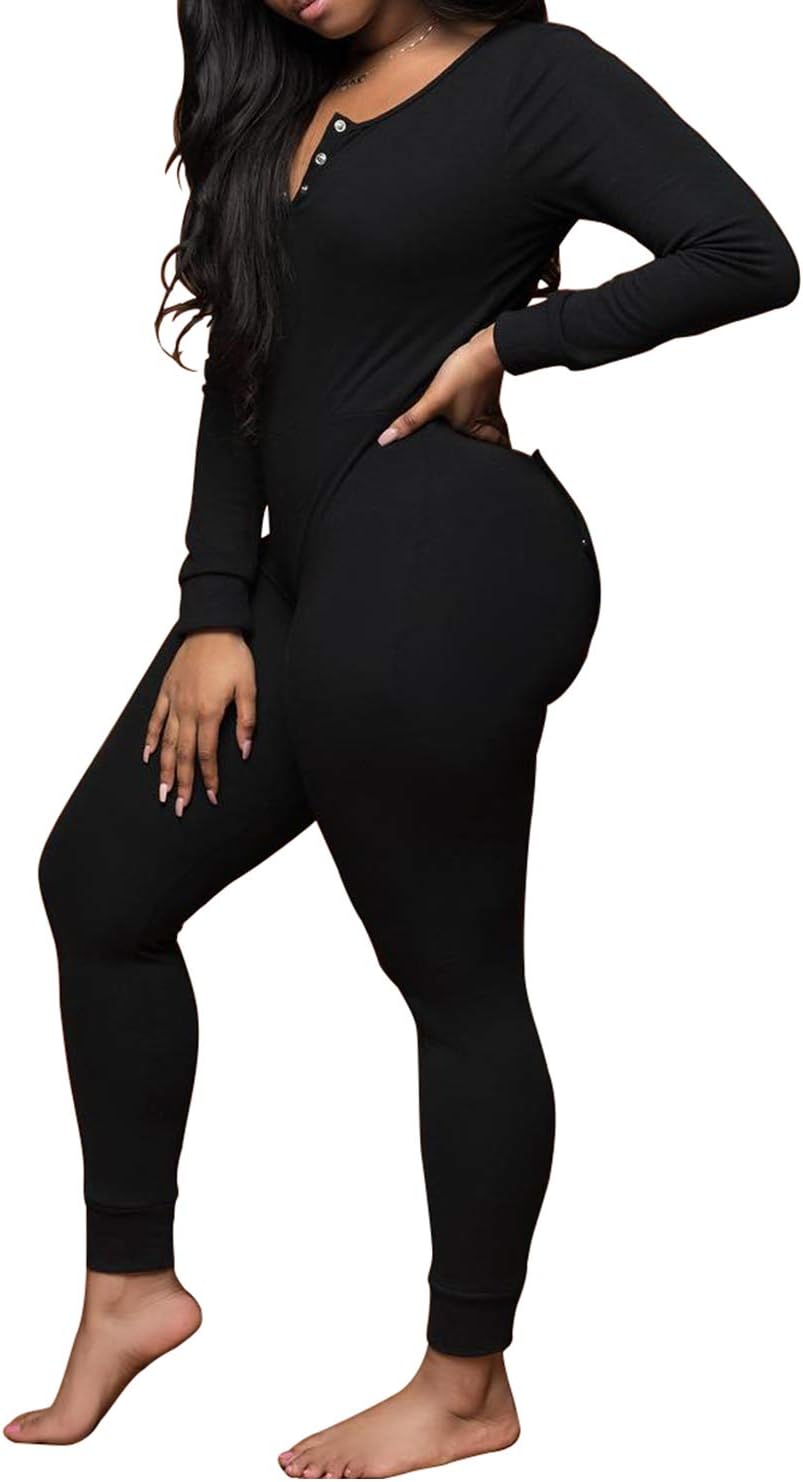 KMBANGI Women's Sexy Deep V Neck Butt Flap Pajamas One Piece Bodycon Rompers Jumpsuit with Drop Seat Plus Size