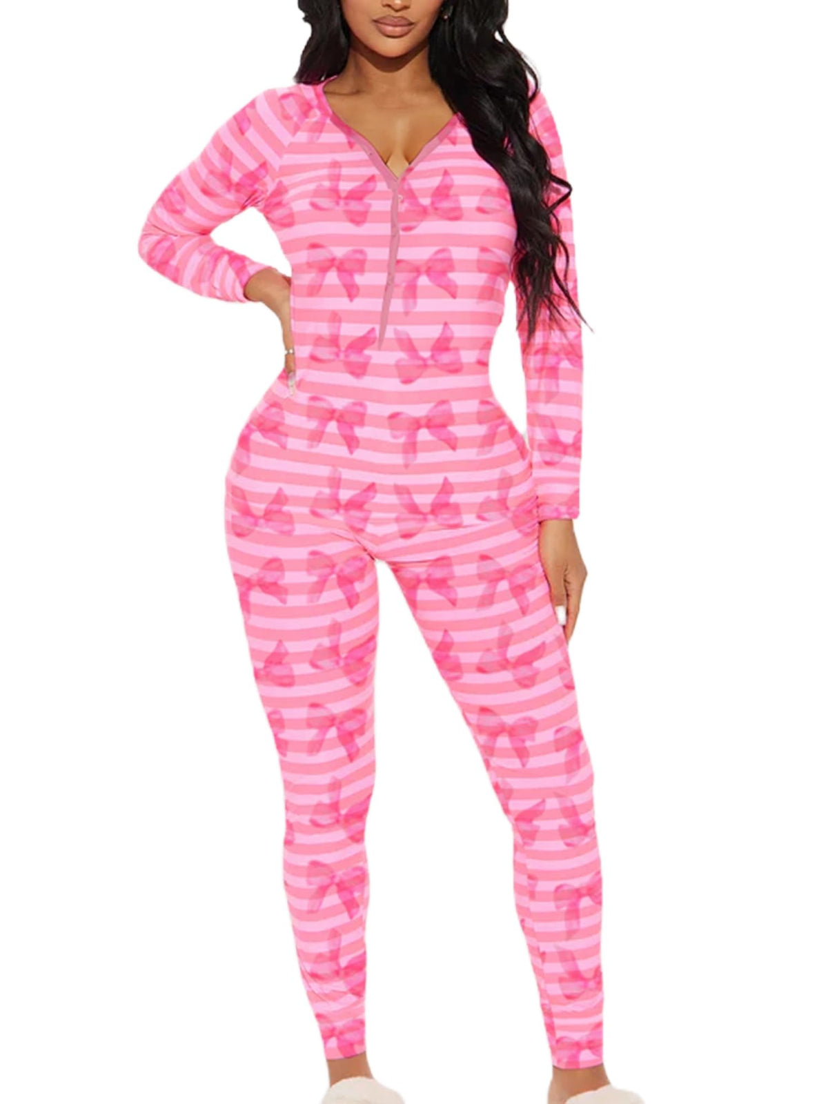 Women Christmas Button V-Neck Jumpsuit Long Sleeve Bodycon Pajama Sleepwear