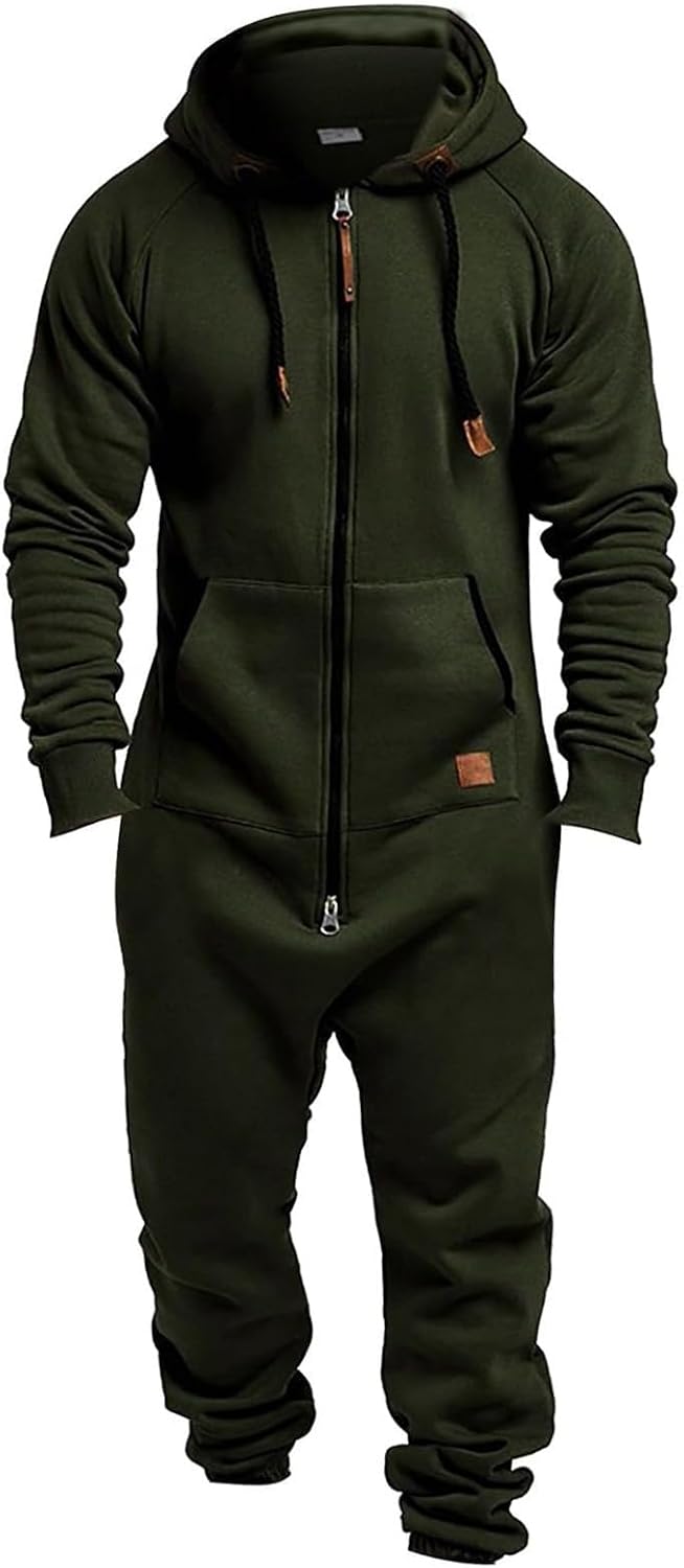 Mens Fleece Lined Hooded Jumpsuit Zip Up One Piece Pajamas Playsuit Jogger Sweatsuit Overall Romper Winter Tracksuit