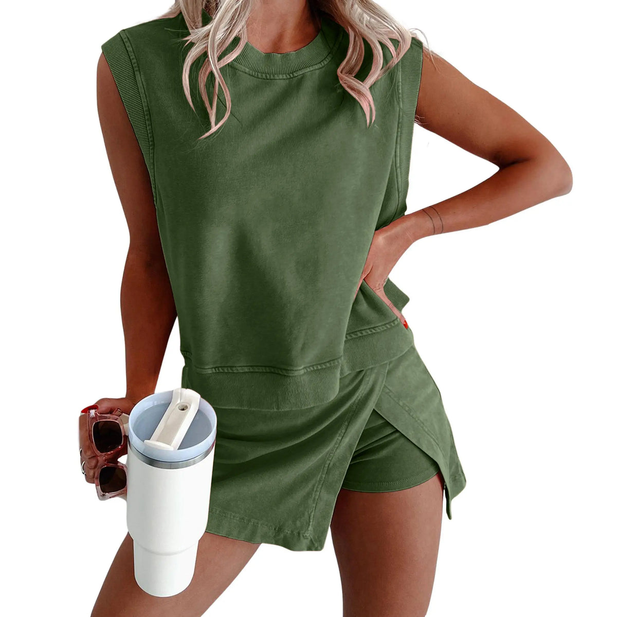 SCUSTY Women's 2 Piece Set Mineral Washed Cotton Loungewear Set Summer Summervibes Tank Top Lined Split Athletic Skirt Suits