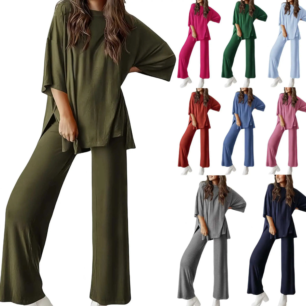 PHEFEE 2 Piece Outfits for Women Loungewear Sets Oversized Short Sleeve Top Wide Leg Pants Casual Matching Sets Soft Milk Silk,sohochic