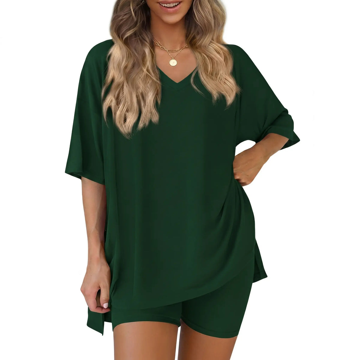 Women's 2-Piece Casual Loungewear Set: Summer Loose-fitting V-neck Short-sleeved Slit Top and High-waisted Shorts Sports Set