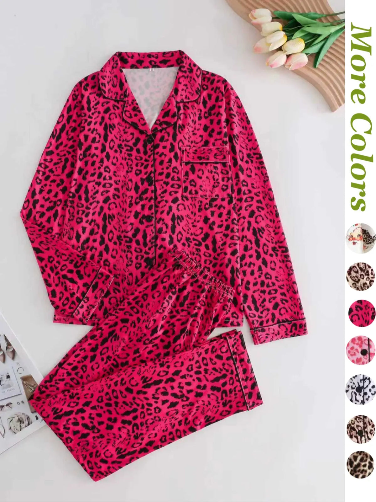Women's Leopard Print Button Front Pocket Lapel Shirt & Elastic Waist Pants Pyjama Two-piece Set, Pajama Set, Women's Sleepwear for Spring & Fall