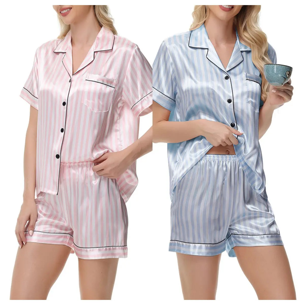 FEITAI Women's 2-Piece Soft Striped Satin Button-Down Short-Sleeve Nightwear Set, Above-the-Knee Pajamas for Casual Loungewear