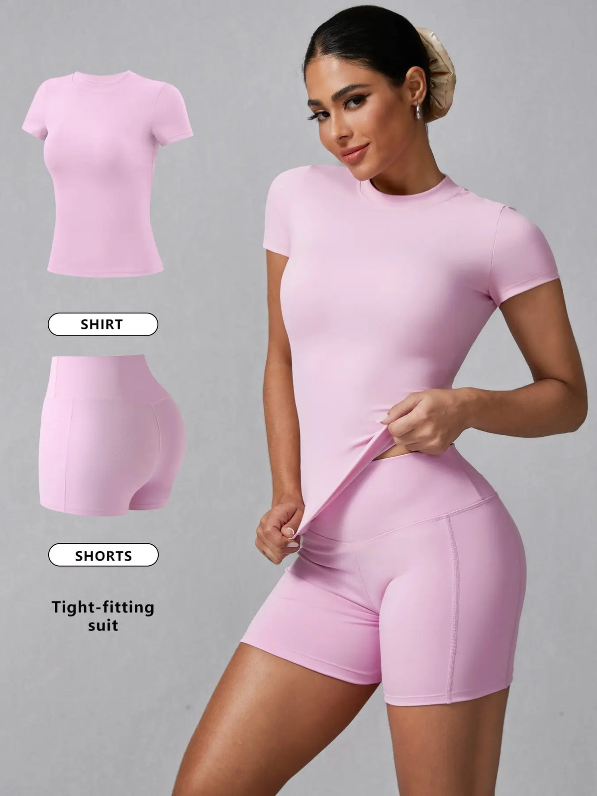 Women's Basic Solid Tee & High Waist Shorts Loungewear, Casual Comfy Round Neck Short Sleeve T-Shirt & Skinny Shorts PJ Set, Ladies Sleepwear for Summer, Pajama, Casual Fitted Sleepwear, Pajama Sets