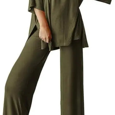 PHEFEE 2 Piece Outfits for Women Loungewear Sets Oversized Short Sleeve Top Wide Leg Pants Casual Matching Sets Soft Milk Silk,sohochic