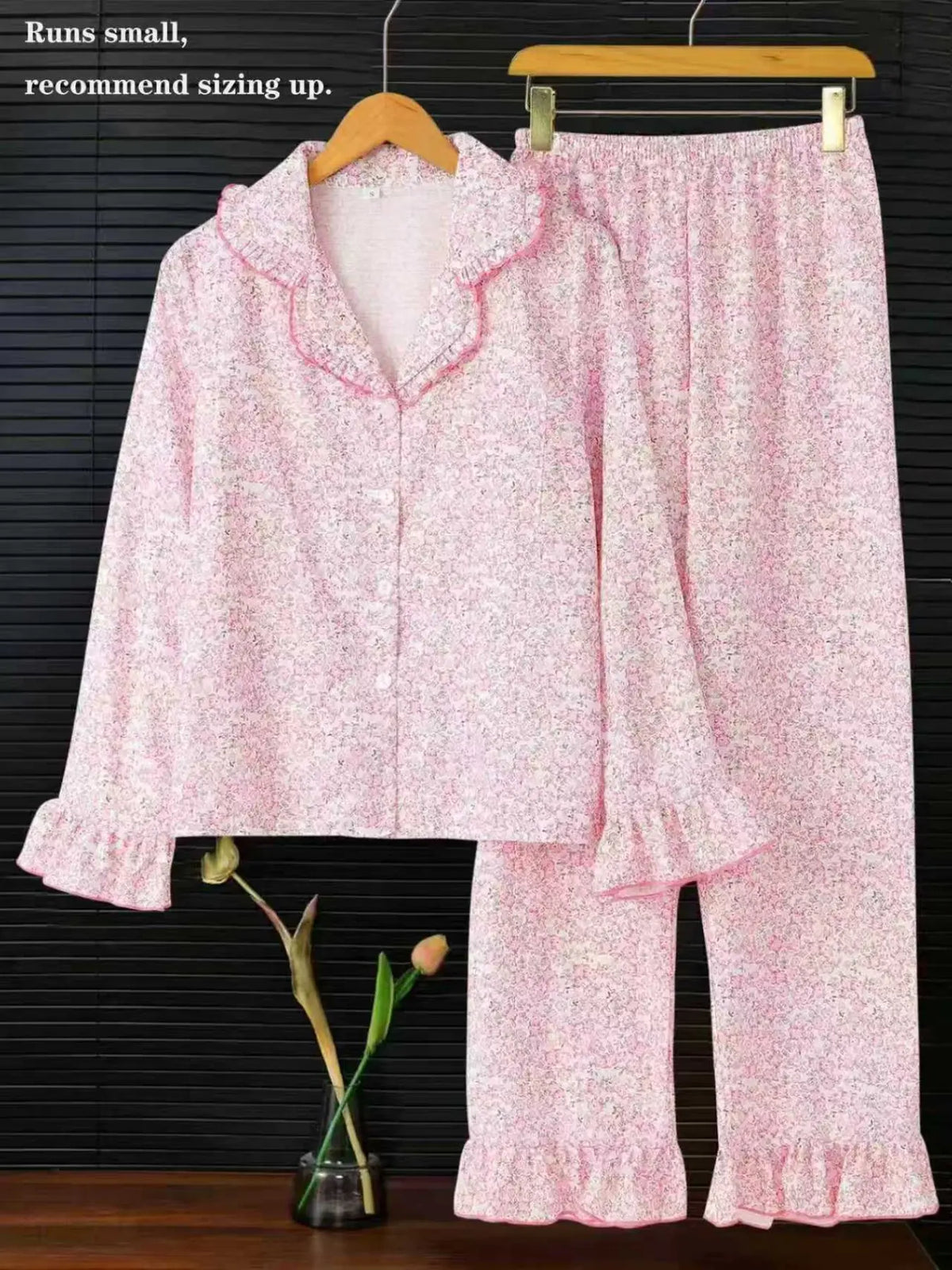 Women's Sleepwear Pajama Loungewear Set, Ditsy Floral Pattern Long Sleeve Ruffled Open Front Top & Matching Pants, Elegant Homewear, Casual, 2 Piece, Pyjamas