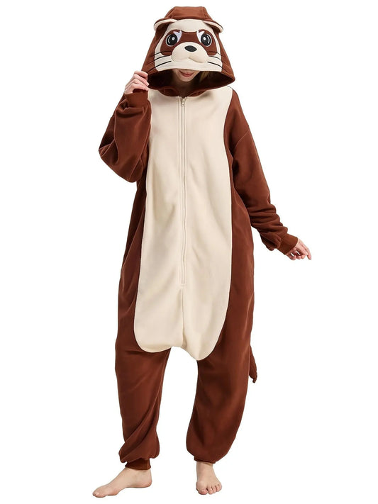 Women's Plus Size Ferret Animal Onesie - Cozy Plain Polyester Long-Sleeve 1-Piece Cosplay Sleeping Jumpsuit, Machine Washable All-Season Sleepwear, 2XL Loose-Fitting Statement Loungewear