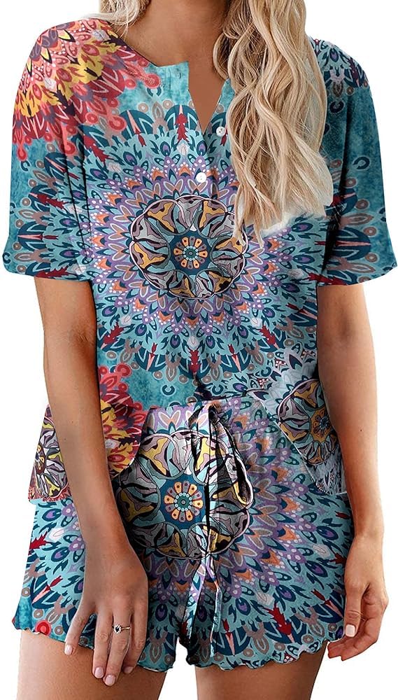 Ekouaer Pajamas Set for Women Short Sleeve Lounge Set 2 Piece Soft Cute Pjs