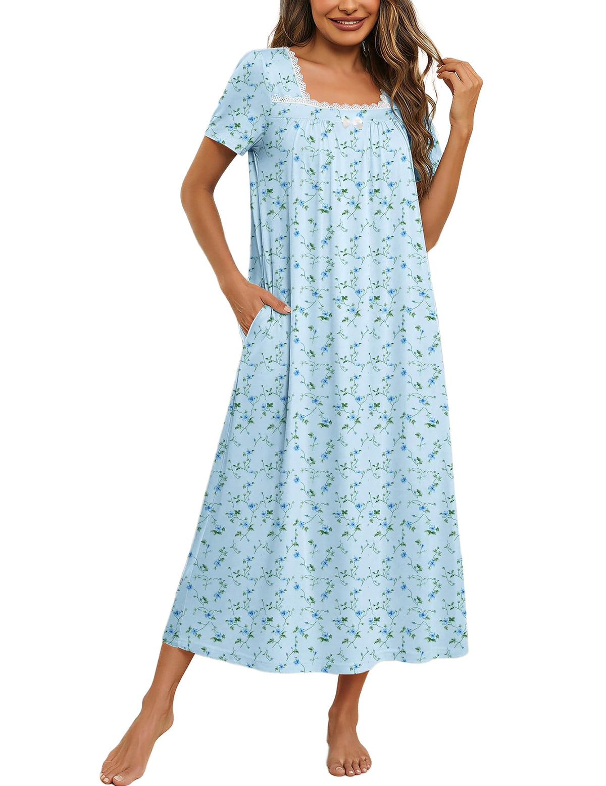 Ekouaer Cotton Long Nightgowns for Women Vintage House Dress with Pockets