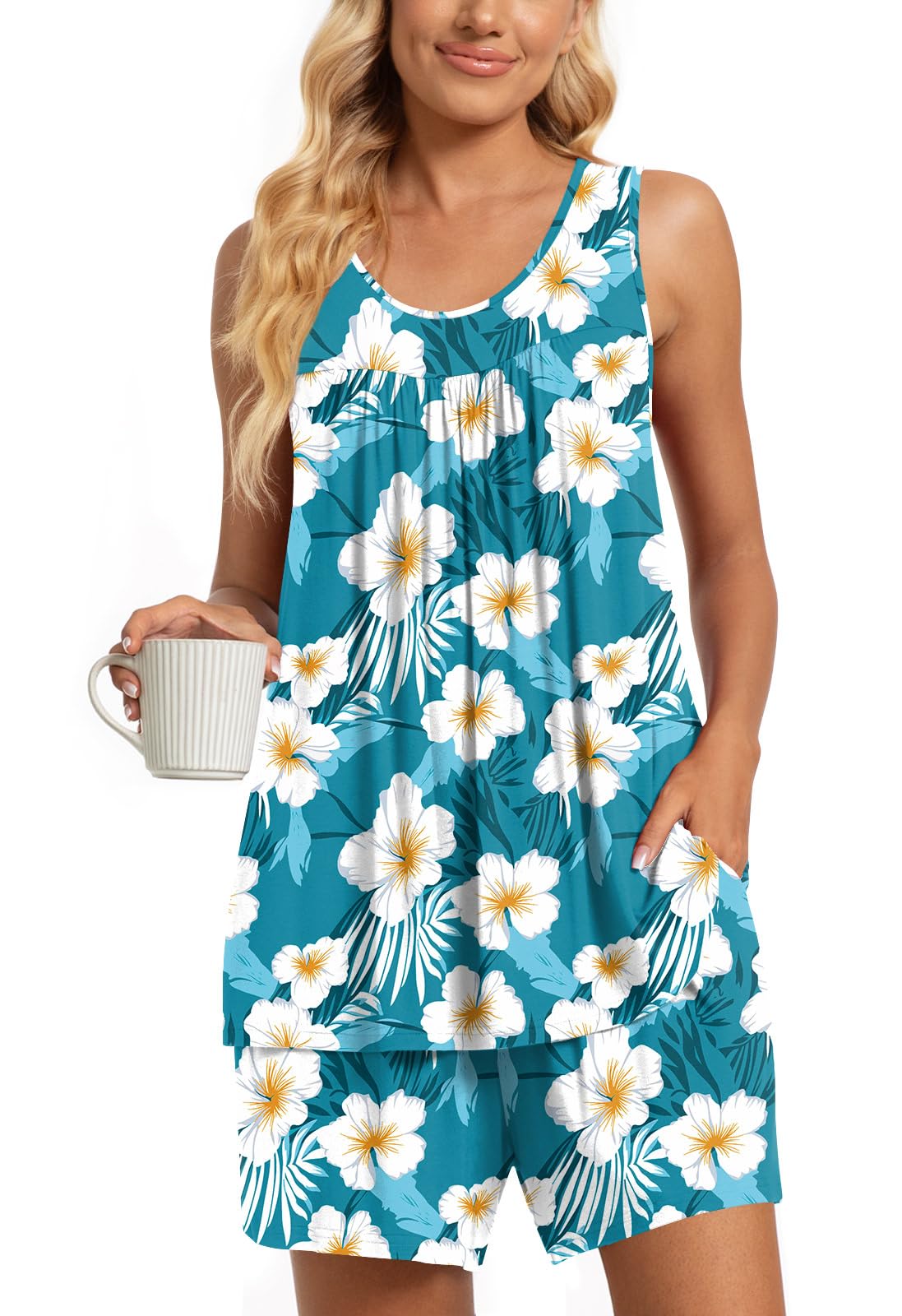 TAOHUADAO 2 Piece Women's Sleeveless Pajama Sets, Lounge Sleepwear Ladies Pjs Sets with Pockets