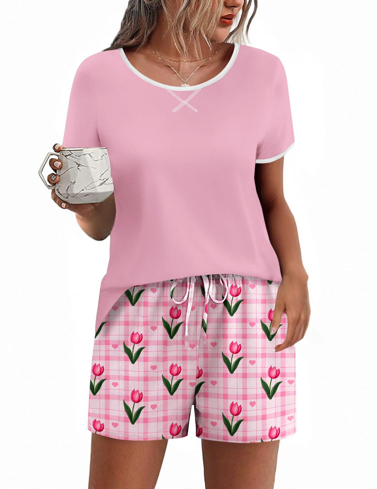 Ekouaer Women Pajama Set Casual Shorts Sets Short Leeve Lounge Set