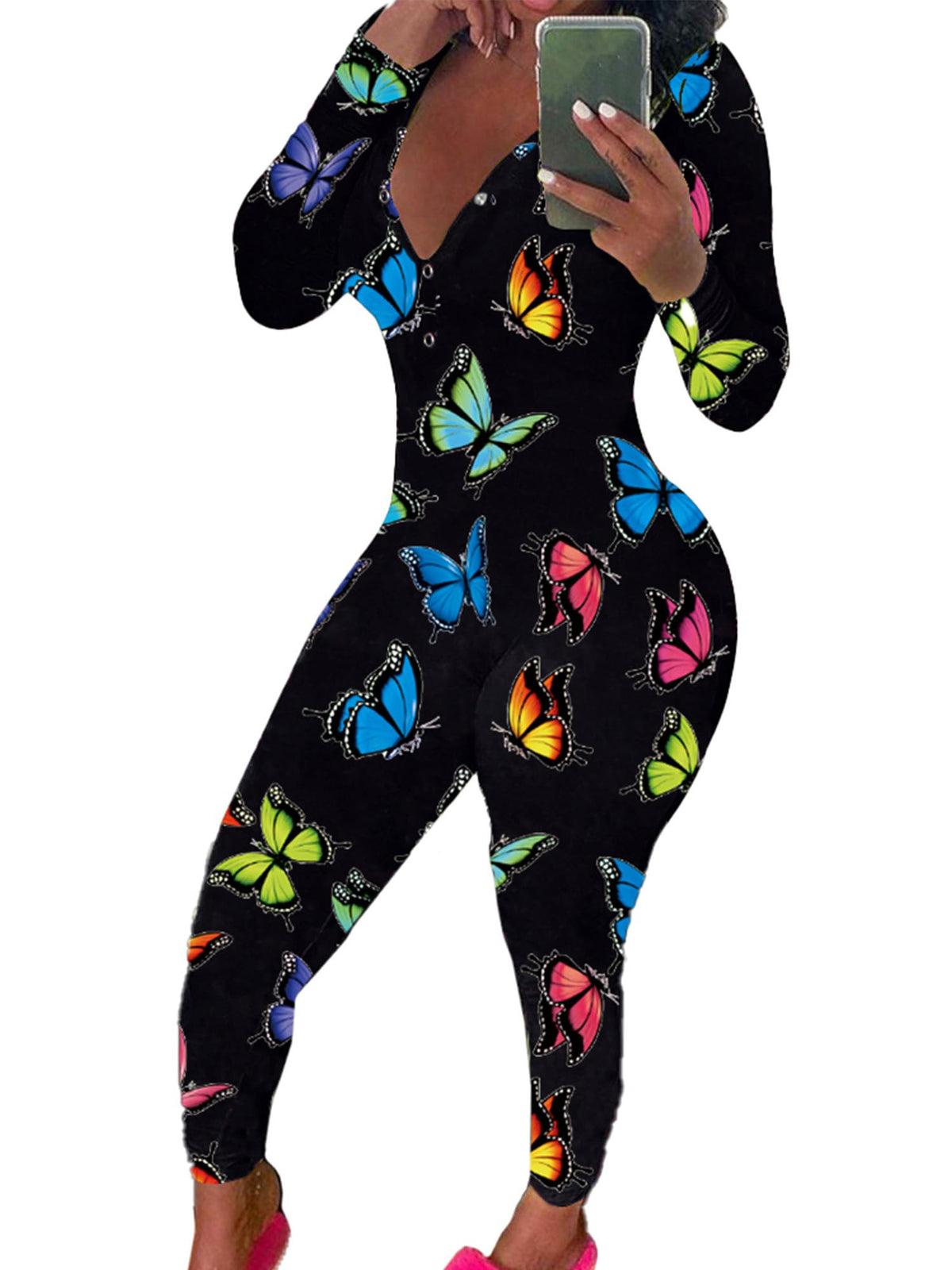 Womens Long Sleeve Button Down One Piece V Neck Bodycon Jumpsuit Pajamas