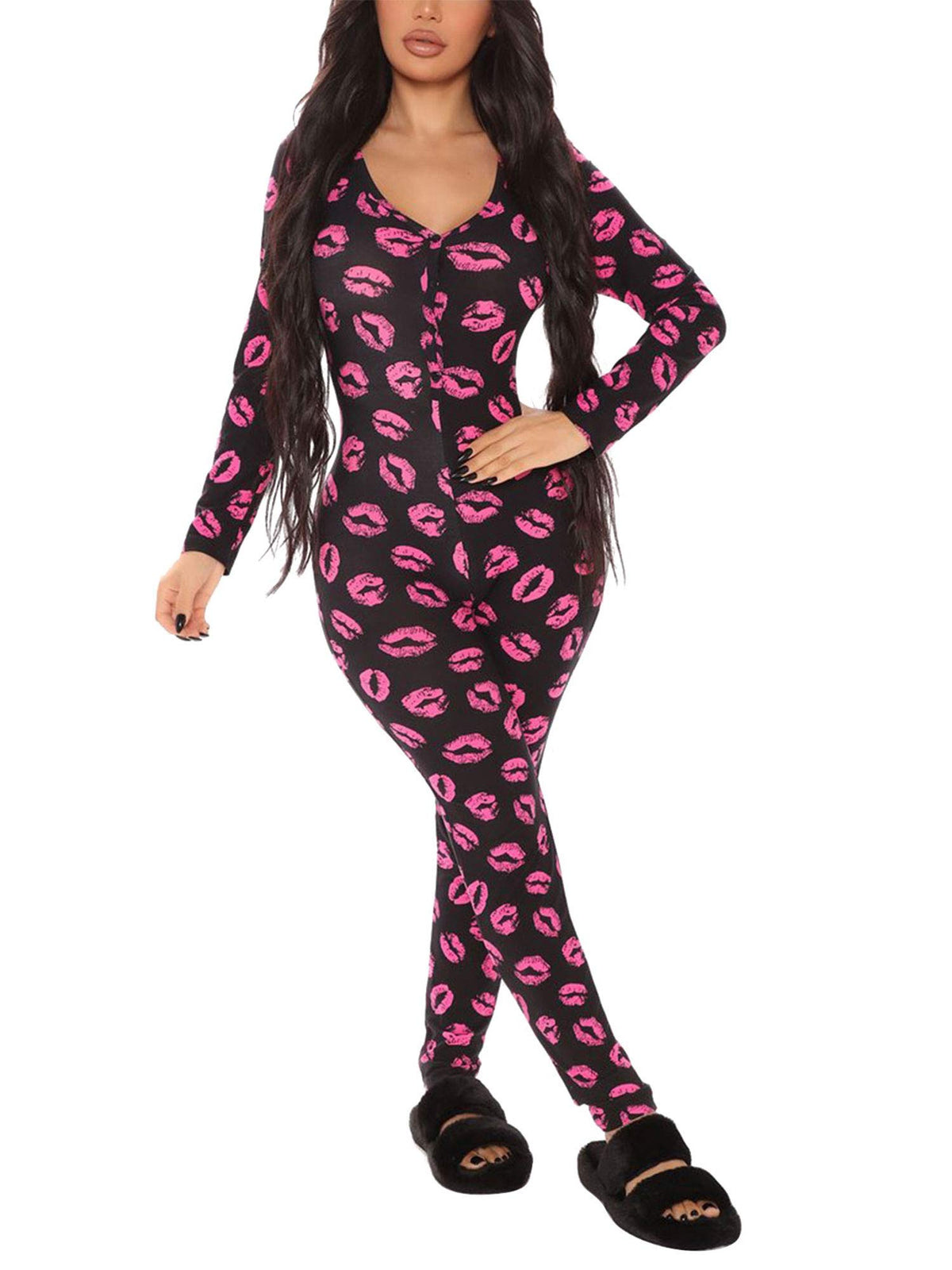 Women Christmas Button V-Neck Jumpsuit Long Sleeve Bodycon Pajama Sleepwear