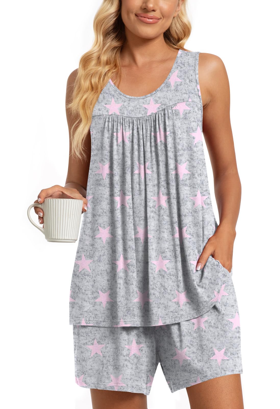 TAOHUADAO 2 Piece Women's Sleeveless Pajama Sets, Lounge Sleepwear Ladies Pjs Sets with Pockets