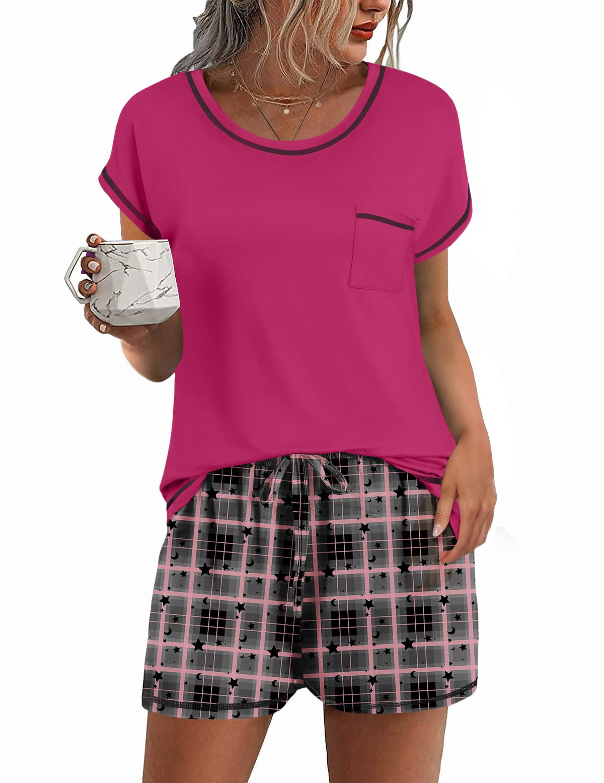 Ekouaer Womens Pajama Sets 2 Piece Pjs Short Sleeve Top and Shorts