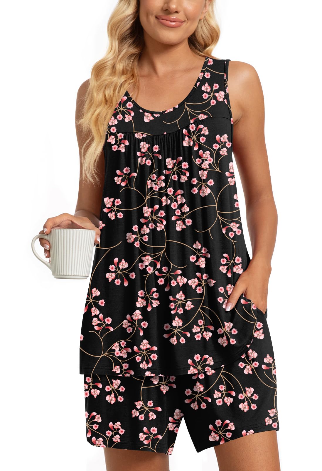 TAOHUADAO 2 Piece Women's Sleeveless Pajama Sets, Lounge Sleepwear Ladies Pjs Sets with Pockets