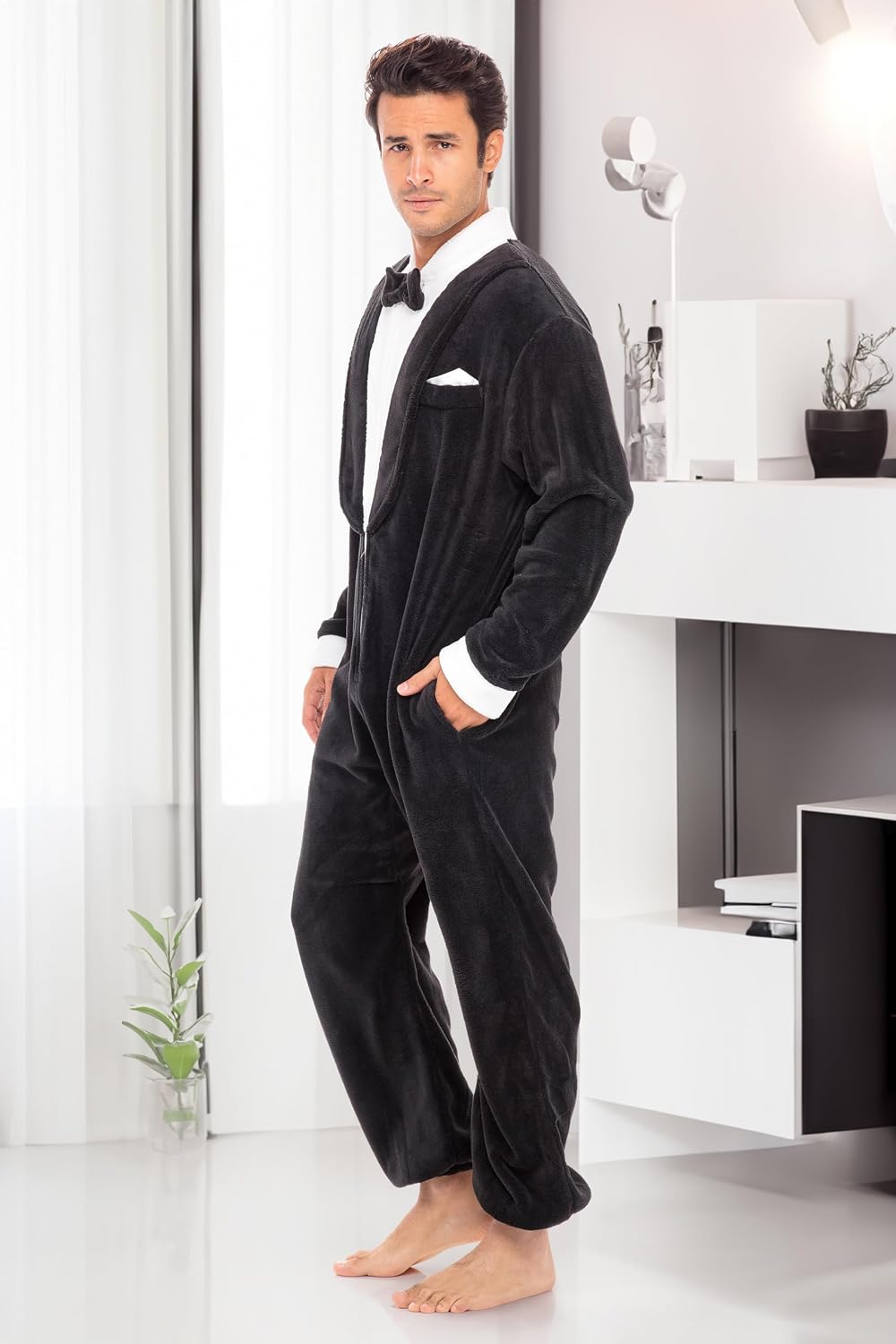 Men's Long Sleeve Plush Fleece Hooded Adult Onesie, Footie Pajamas