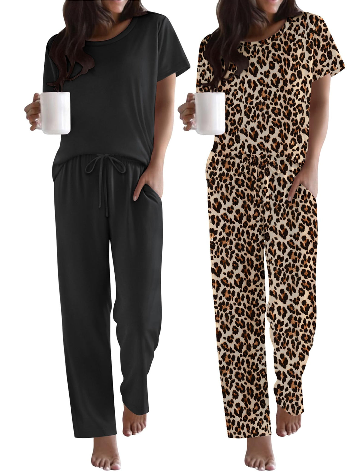 Ekouaer 2 Pack Womens Pajama Set Short Sleeve Top and Printed Pants Soft Pj
