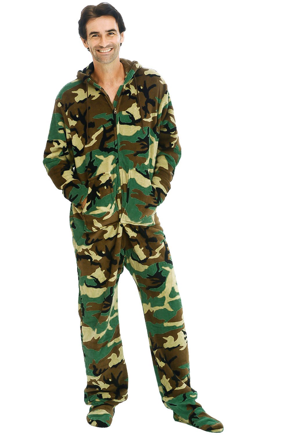 Men's Long Sleeve Plush Fleece Hooded Adult Onesie, Footie Pajamas