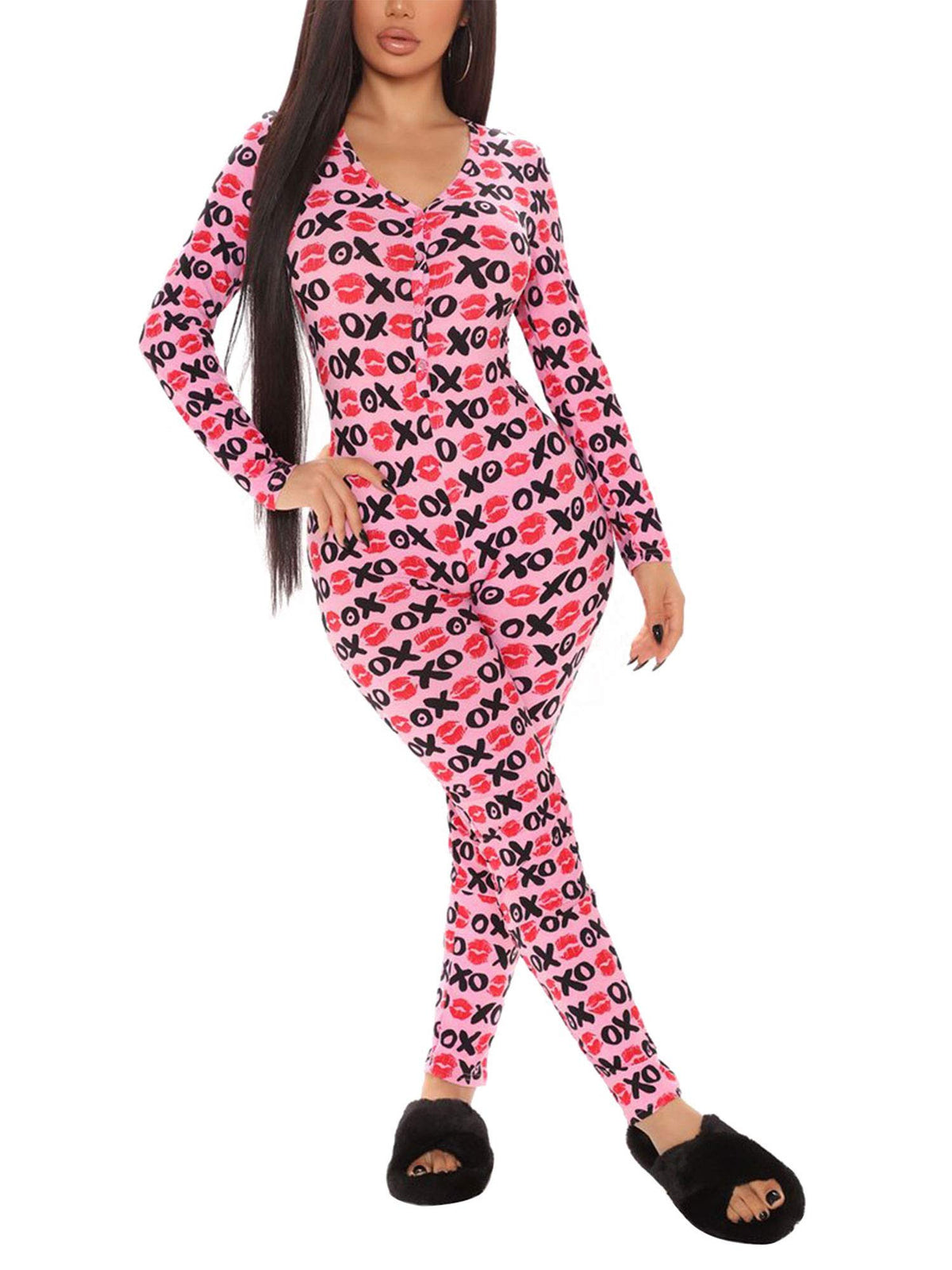 Women Christmas Button V-Neck Jumpsuit Long Sleeve Bodycon Pajama Sleepwear