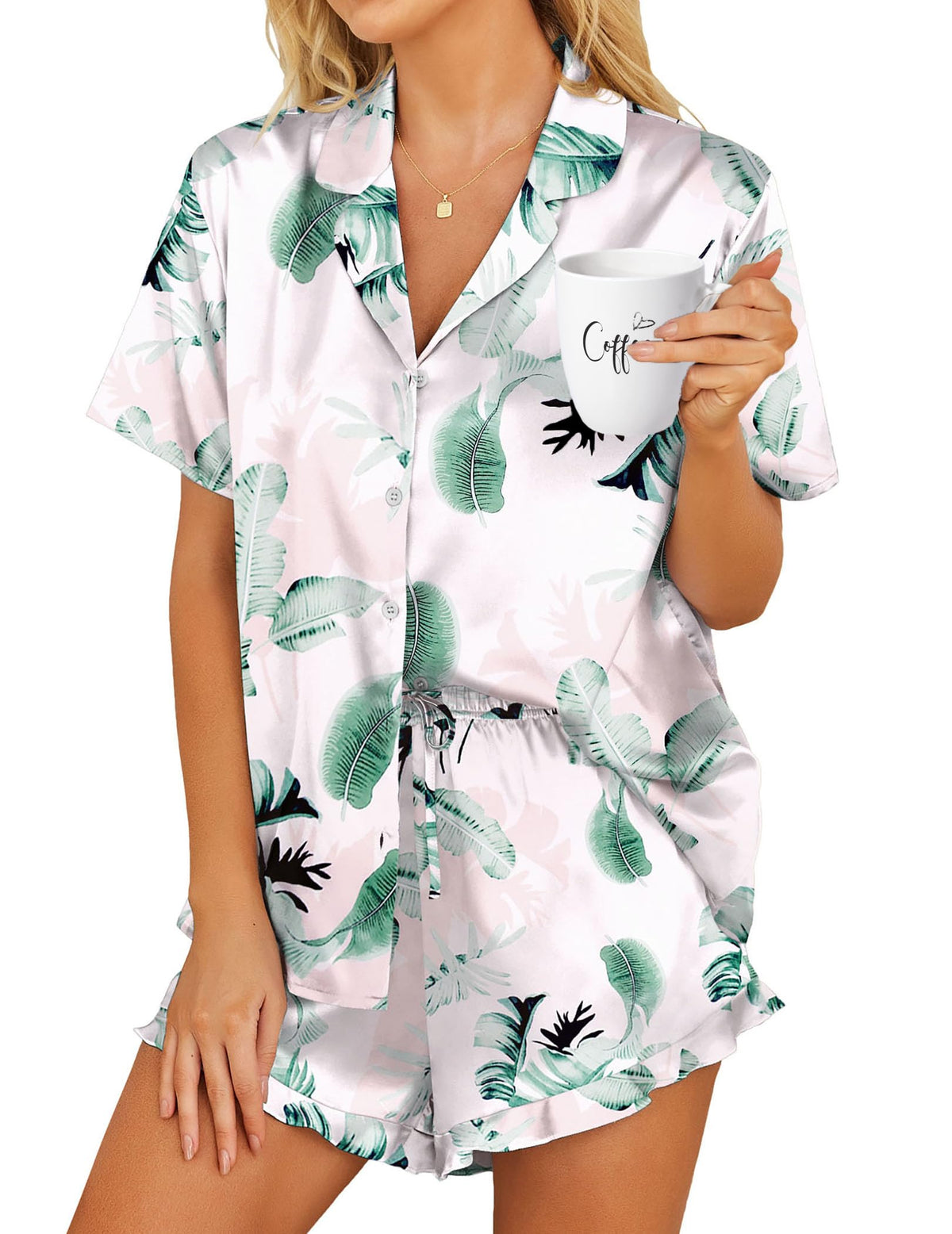 HOTOUCH Womens Satin Pajamas Set Button Down 2 Piece Ruffle Shorts Set