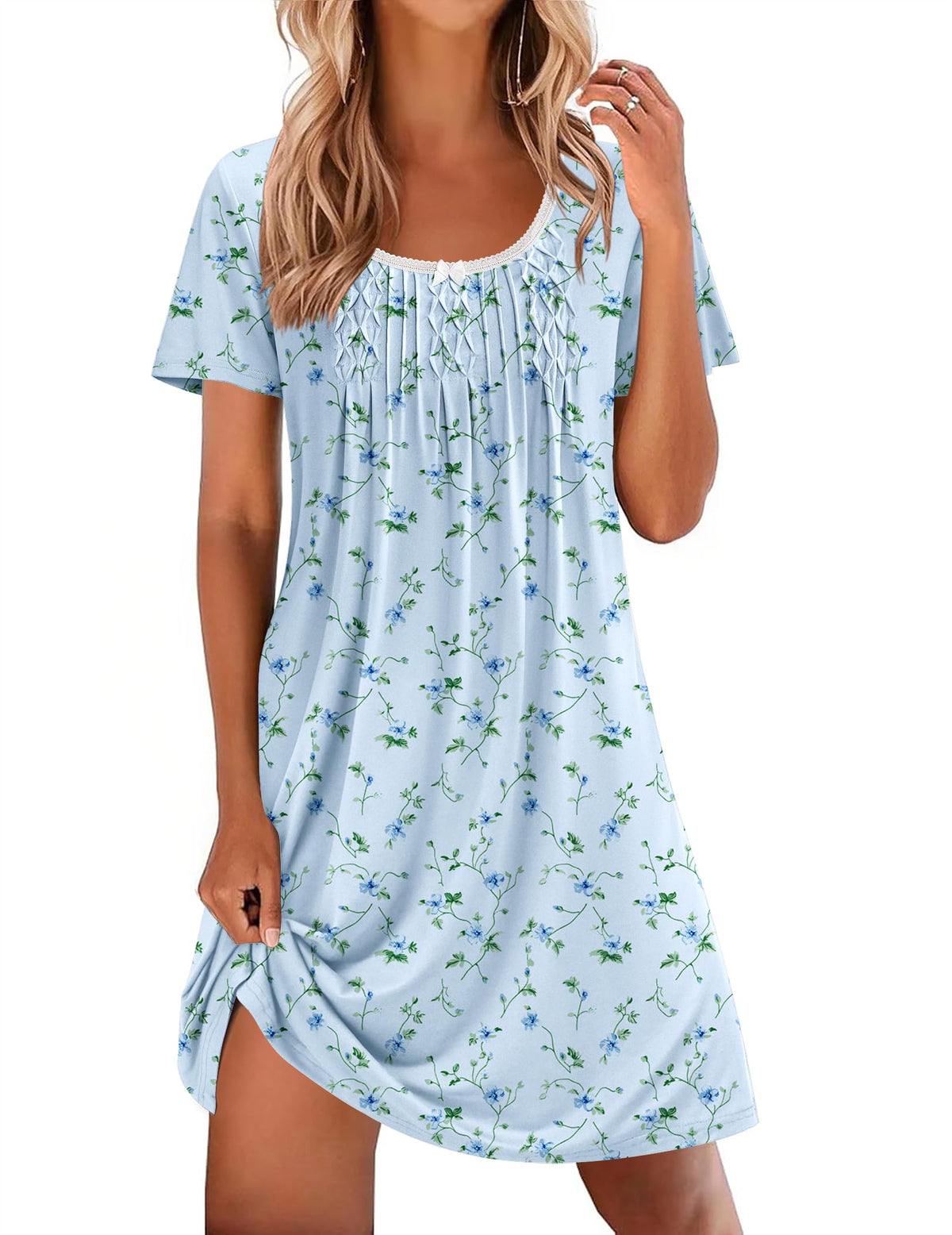 Ekouaer Nightgowns for Women Pleated Sleep Shirts Short Sleeve Night Shirts
