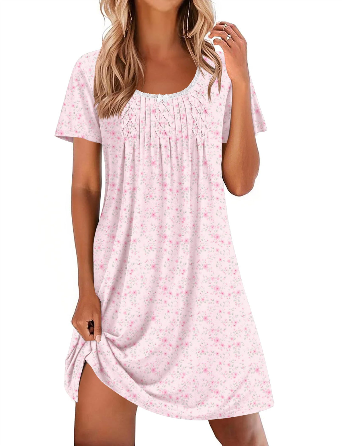 Ekouaer Nightgowns for Women Pleated Sleep Shirts Short Sleeve Night Shirts