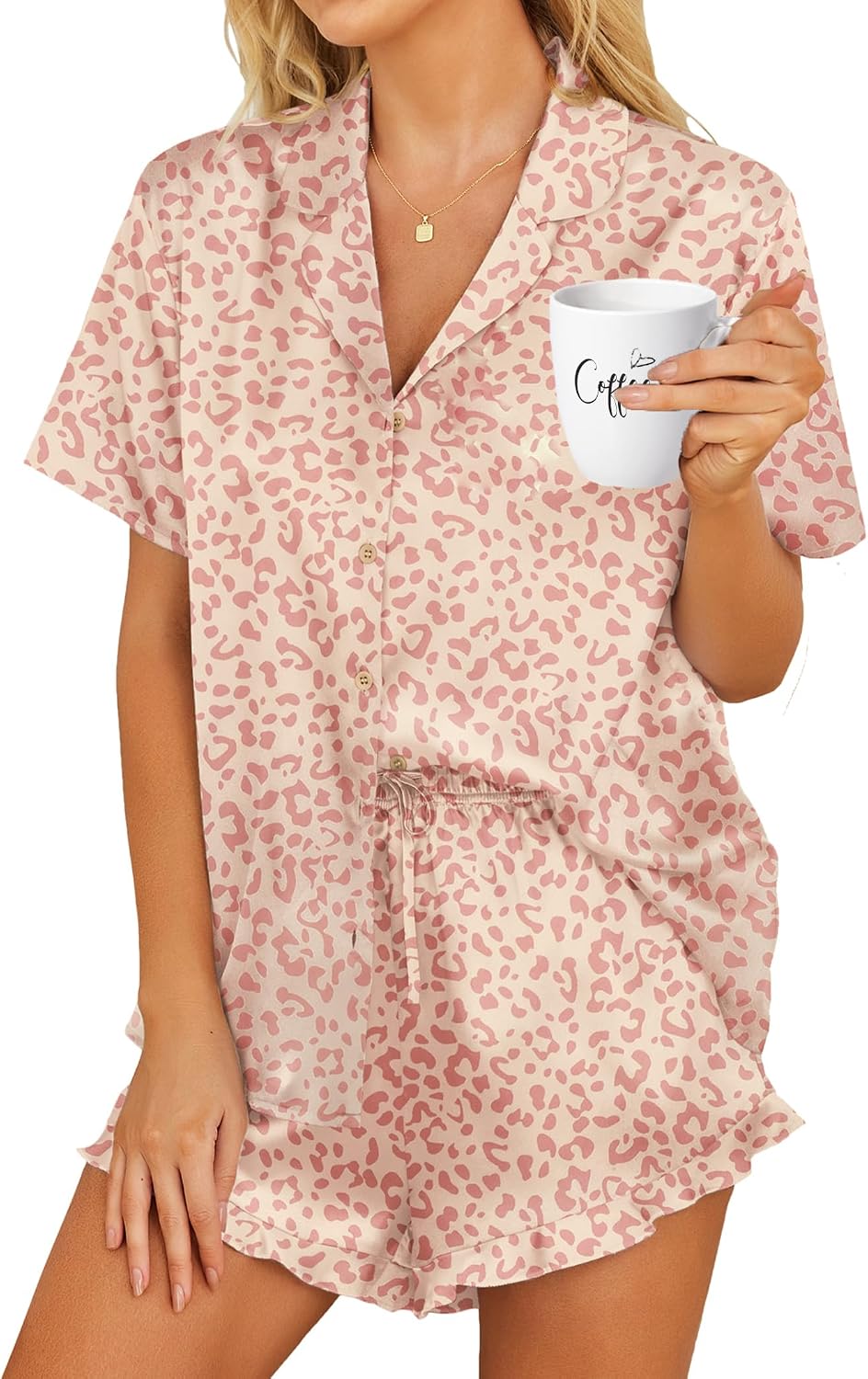 HOTOUCH Womens Satin Pajamas Set Button Down 2 Piece Ruffle Shorts Set