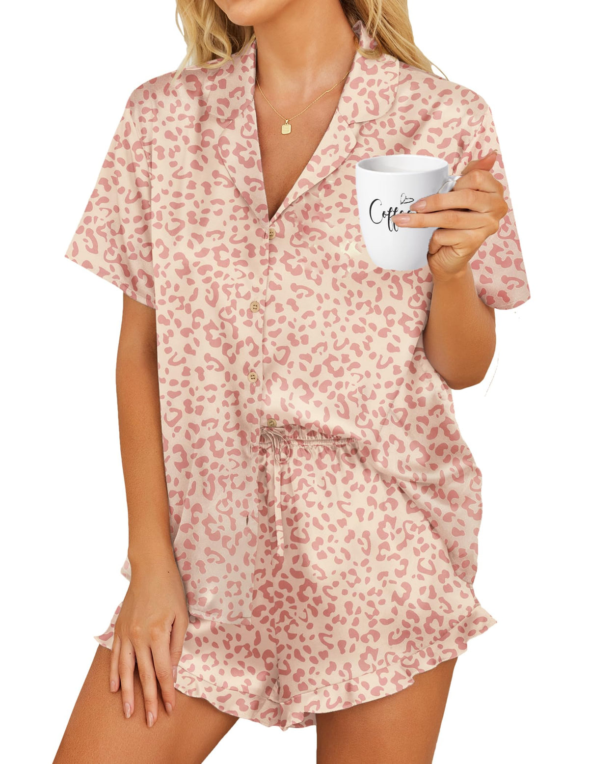 HOTOUCH Womens Satin Pajamas Set Button Down 2 Piece Ruffle Shorts Set
