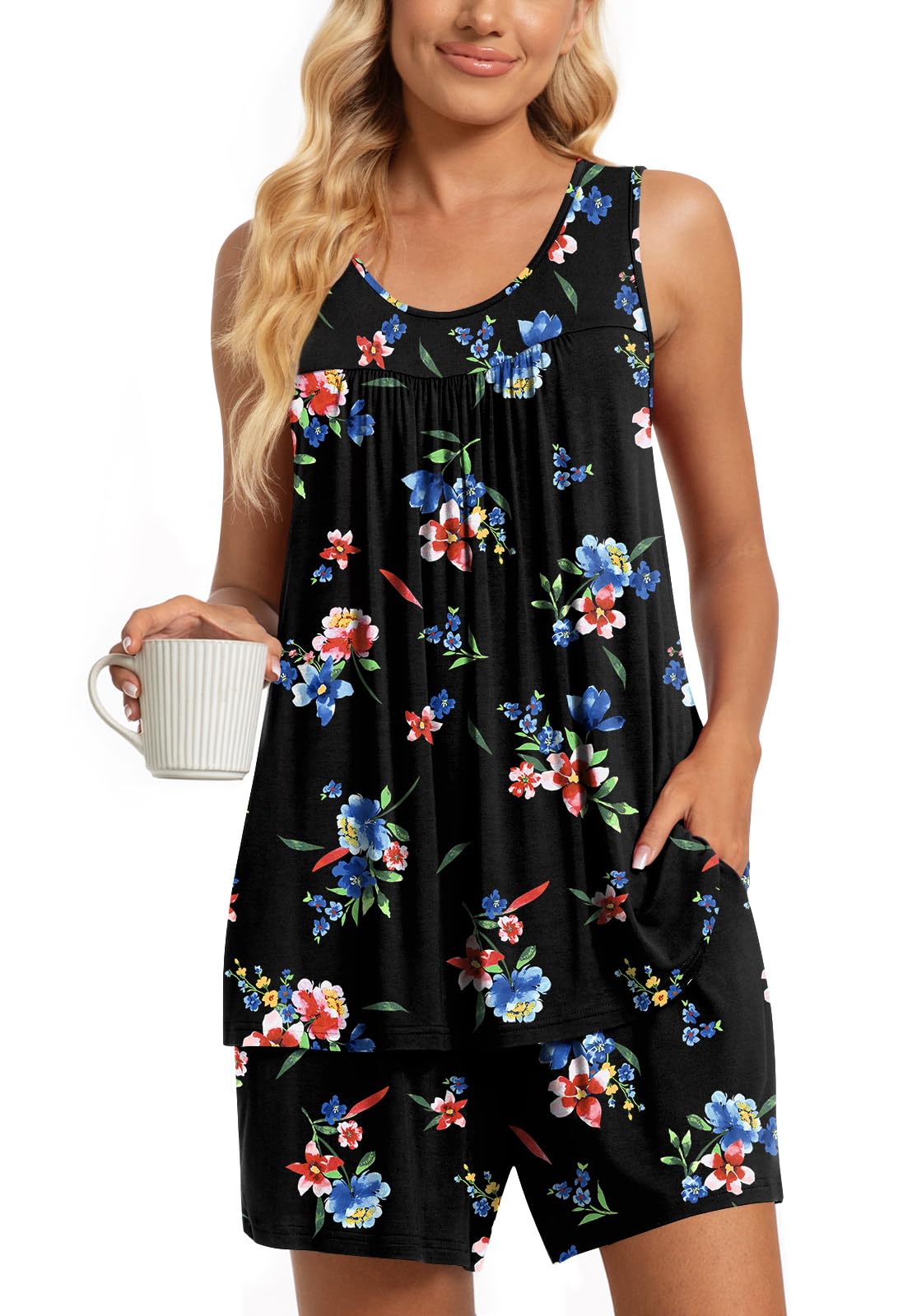 TAOHUADAO 2 Piece Women's Sleeveless Pajama Sets, Lounge Sleepwear Ladies Pjs Sets with Pockets