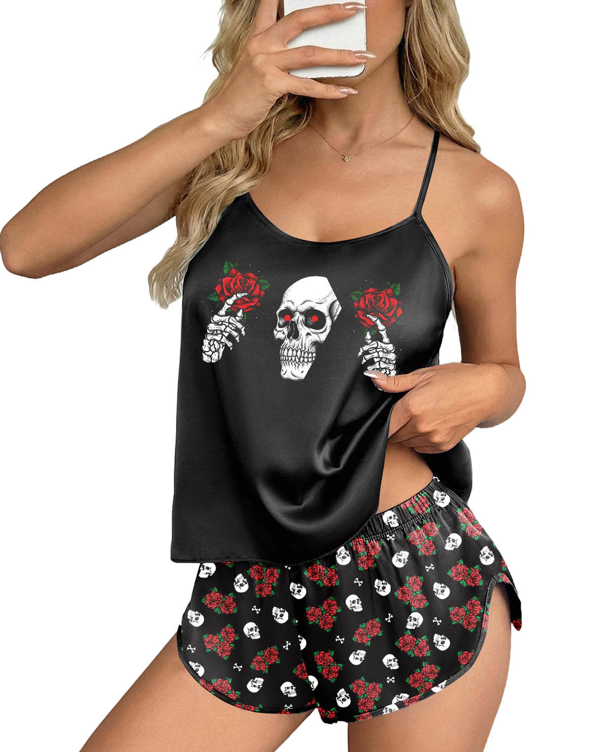Ekouaer Silk Pajamas Set for Women Satin Backless Lingerie Pjs Cami Top and Shorts Nightwear