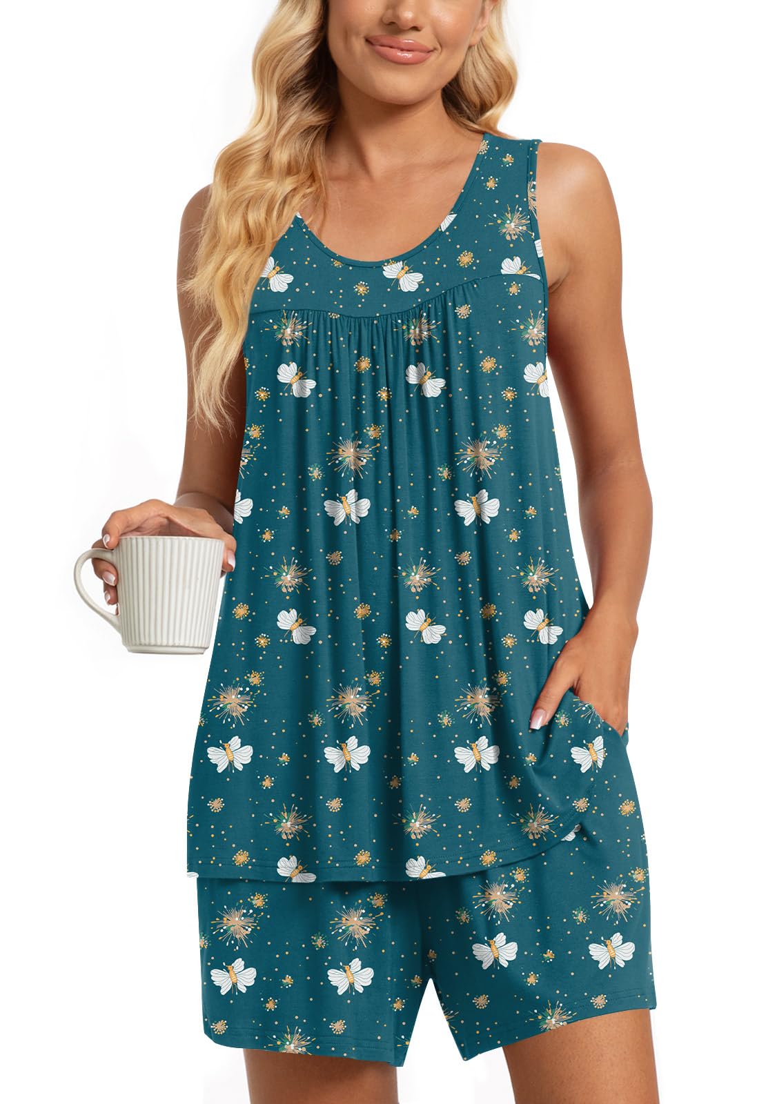 TAOHUADAO 2 Piece Women's Sleeveless Pajama Sets, Lounge Sleepwear Ladies Pjs Sets with Pockets